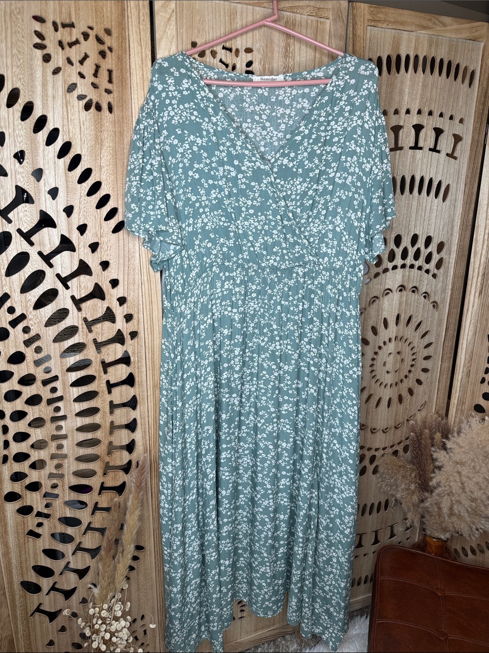 Nina Rose Sage Green Floral Maxi Dress with Smocked Waist